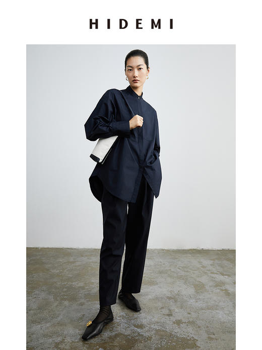 HIDEMI 经典拼接款圆领廓形衬衫 深藏蓝/白色 商品图5