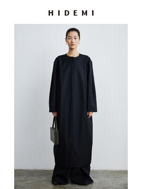 HIDEMI 设计感微茧型圆领长款精纺羊毛大衣