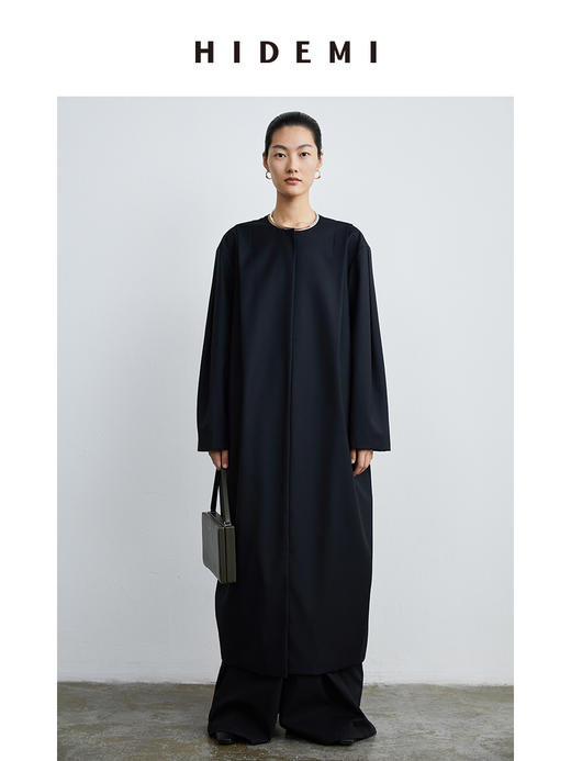 HIDEMI 设计感微茧型圆领长款精纺羊毛大衣 商品图0