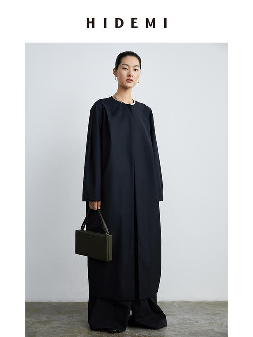 HIDEMI 设计感微茧型圆领长款精纺羊毛大衣 商品图1