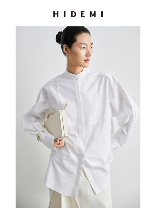 HIDEMI 经典拼接款圆领廓形衬衫 深藏蓝/白色 商品图7
