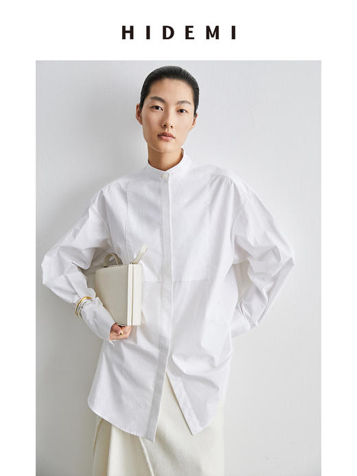 HIDEMI 经典拼接款圆领廓形衬衫 深藏蓝/白色 商品图1