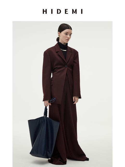 HIDEMI 酒红色一粒扣腰带式廓形西装套装 西装/长裤 商品图0