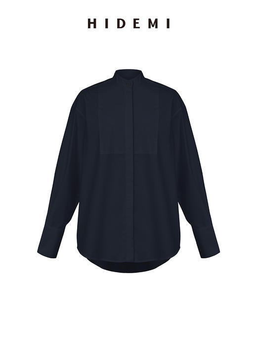 HIDEMI 经典拼接款圆领廓形衬衫 深藏蓝/白色 商品图12