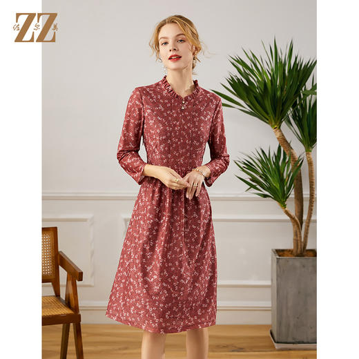 佐尔美2021秋季新款 小碎花花边领V领连衣裙女E13LL32 商品图1