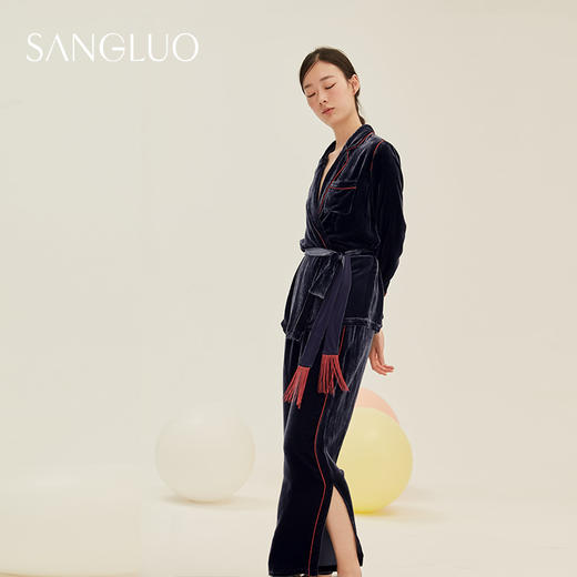 SANGLUO桑蚕丝丝绒系带式纯色复古睡衣保暖家居服套装春可外穿 商品图2