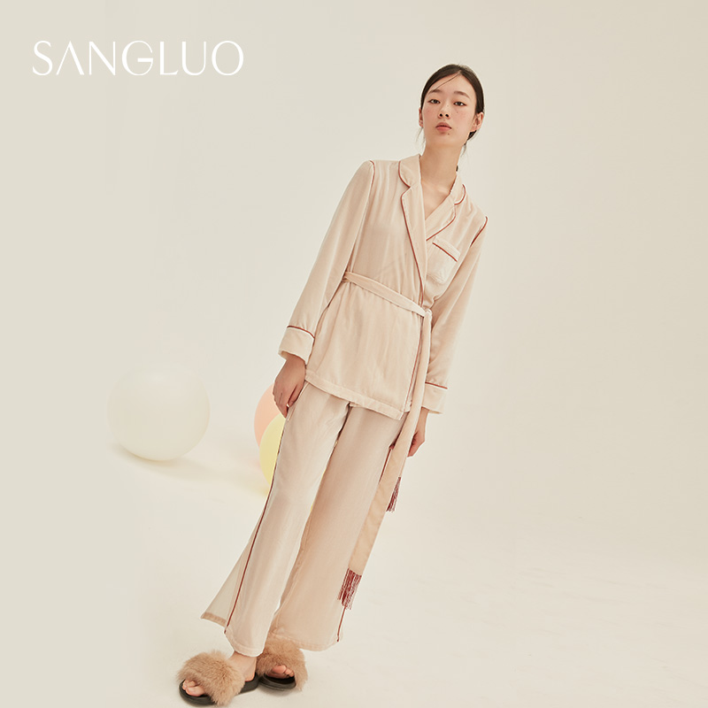 SANGLUO桑蚕丝丝绒系带式纯色复古睡衣保暖家居服套装春可外穿