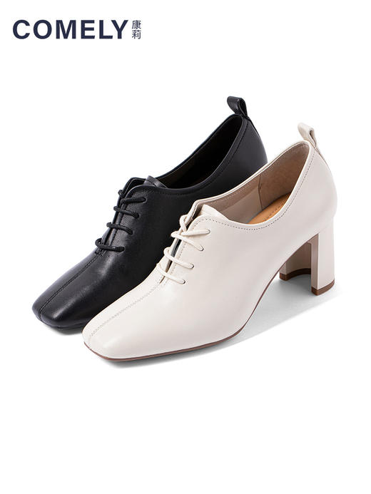 康莉2021早秋新款单鞋女粗跟方头真皮英伦风系带小皮鞋KYQ16185DU01CM1 商品图4