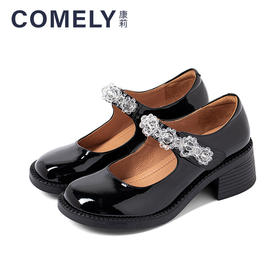 康莉2021年秋季新款玛丽珍女高跟魔术贴真皮圆头水晶黑色jk制服鞋KYM21012DU05AQ2