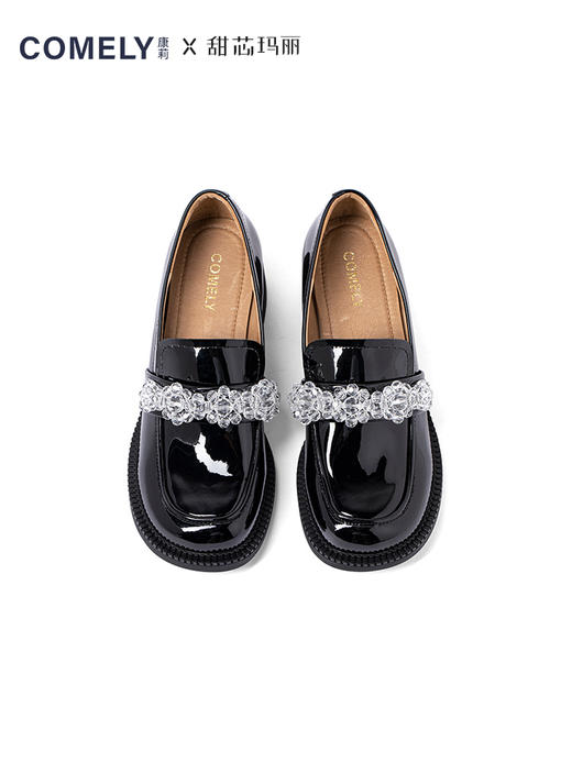 康莉2021年秋季新款乐福鞋女中跟复古漆皮日系黑色水晶小皮鞋KHC21011DU05AA2 商品图0