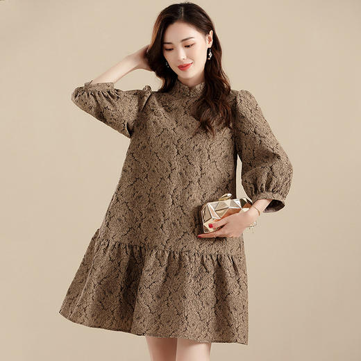 上海旗袍厂AYK-QF-210701金丝牡丹宽松旗袍改良时尚灯笼袖拼接下摆a字连裙2021秋国潮女装 商品图2