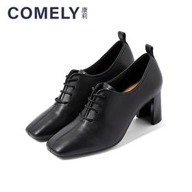 康莉2021早秋新款单鞋女粗跟方头真皮英伦风系带小皮鞋KYQ16185DU01CM1