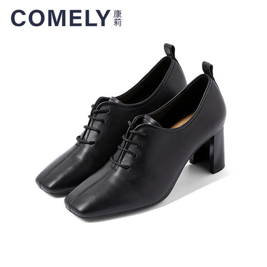康莉2021早秋新款单鞋女粗跟方头真皮英伦风系带小皮鞋KYQ16185DU01CM1 商品图0