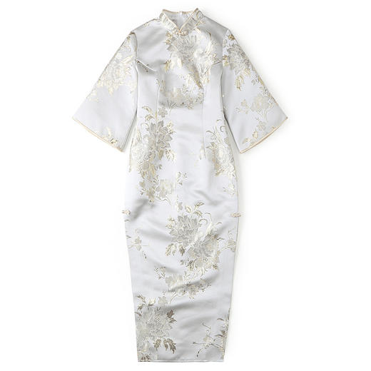 上海旗袍厂AYK-QF-210703提花杏底牡丹长款修身旗袍时尚改良七分袖连衣裙2021秋季国风女装 商品图5