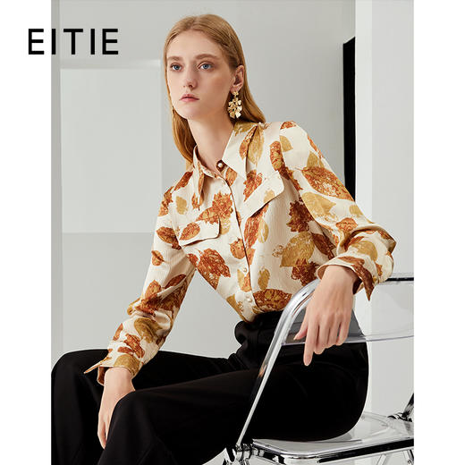 EITIE爱特爱秋季新款100%桑蚕丝女装宽松舒适枫叶印花衬衫上衣6709410 商品图0