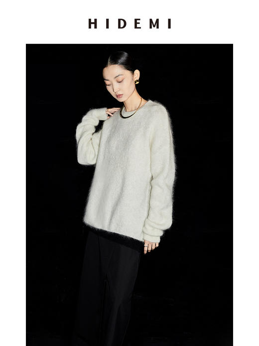 HIDEMI 马海毛白色拼接黑边圆领毛衣 商品图5