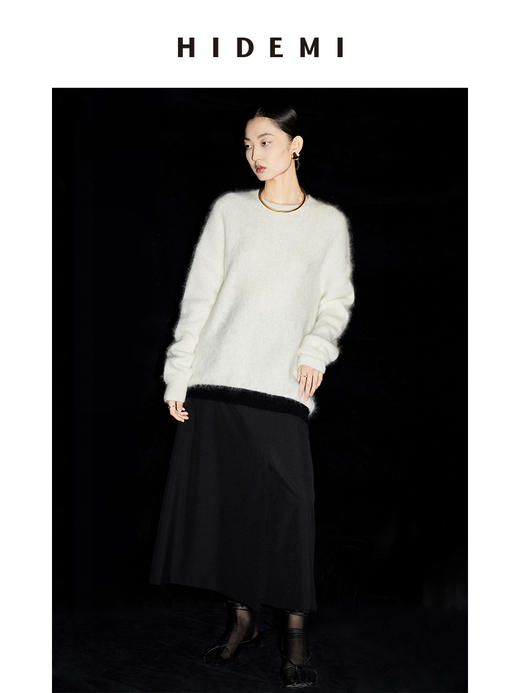 HIDEMI 马海毛白色拼接黑边圆领毛衣 商品图4