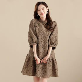 上海旗袍厂AYK-QF-210701金丝牡丹宽松旗袍改良时尚灯笼袖拼接下摆a字连裙2021秋国潮女装