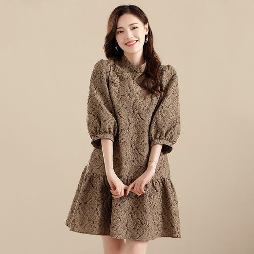 上海旗袍厂AYK-QF-210701金丝牡丹宽松旗袍改良时尚灯笼袖拼接下摆a字连裙2021秋国潮女装 商品图0