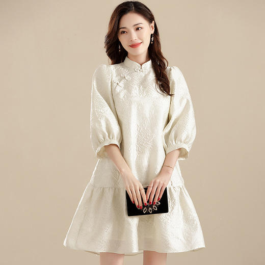 上海旗袍厂AYK-QF-210701金丝牡丹宽松旗袍改良时尚灯笼袖拼接下摆a字连裙2021秋国潮女装 商品图1