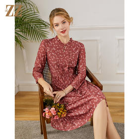 佐尔美2021秋季新款 小碎花花边领V领连衣裙女E13LL32