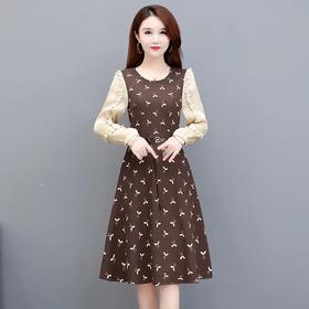 YW20817 大码长袖印花连衣裙女中长款2021秋装新款修身时尚气质优雅a字裙
