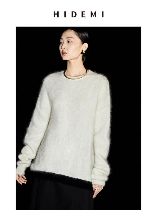 HIDEMI 马海毛白色拼接黑边圆领毛衣 商品图2