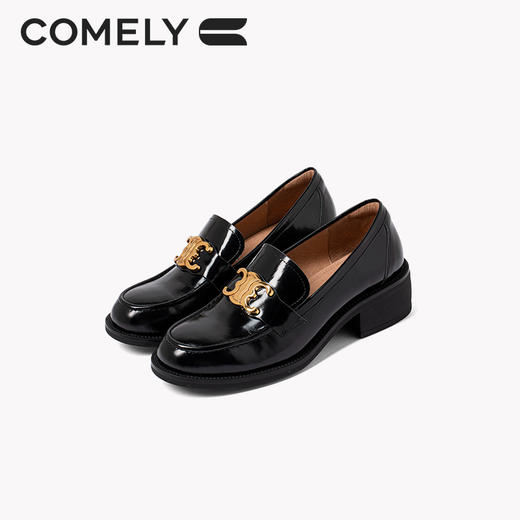 康莉2021年秋季新款乐福鞋女粗跟牛油皮金属扣英伦小皮鞋	XLS16619DU06CA1 商品图0