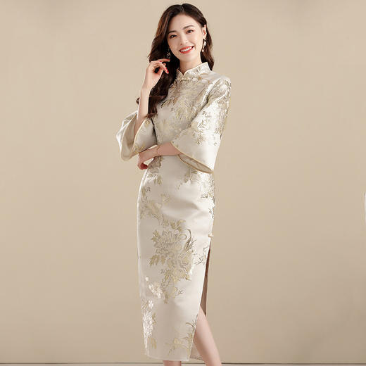 上海旗袍厂AYK-QF-210703提花杏底牡丹长款修身旗袍时尚改良七分袖连衣裙2021秋季国风女装 商品图3