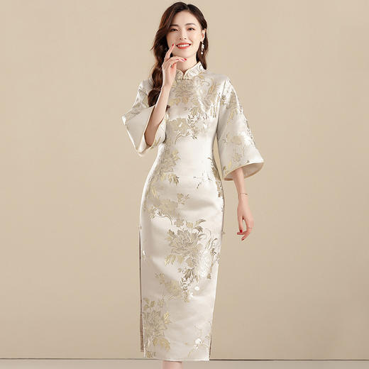 上海旗袍厂AYK-QF-210703提花杏底牡丹长款修身旗袍时尚改良七分袖连衣裙2021秋季国风女装 商品图1