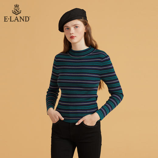 衣恋简约圆领撞色横条纹长袖毛衣EEKWB49C3M 商品图2