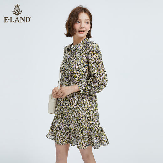 衣恋甜美雪纺碎花收腰长袖连衣裙EEOWB49C6M 商品图1