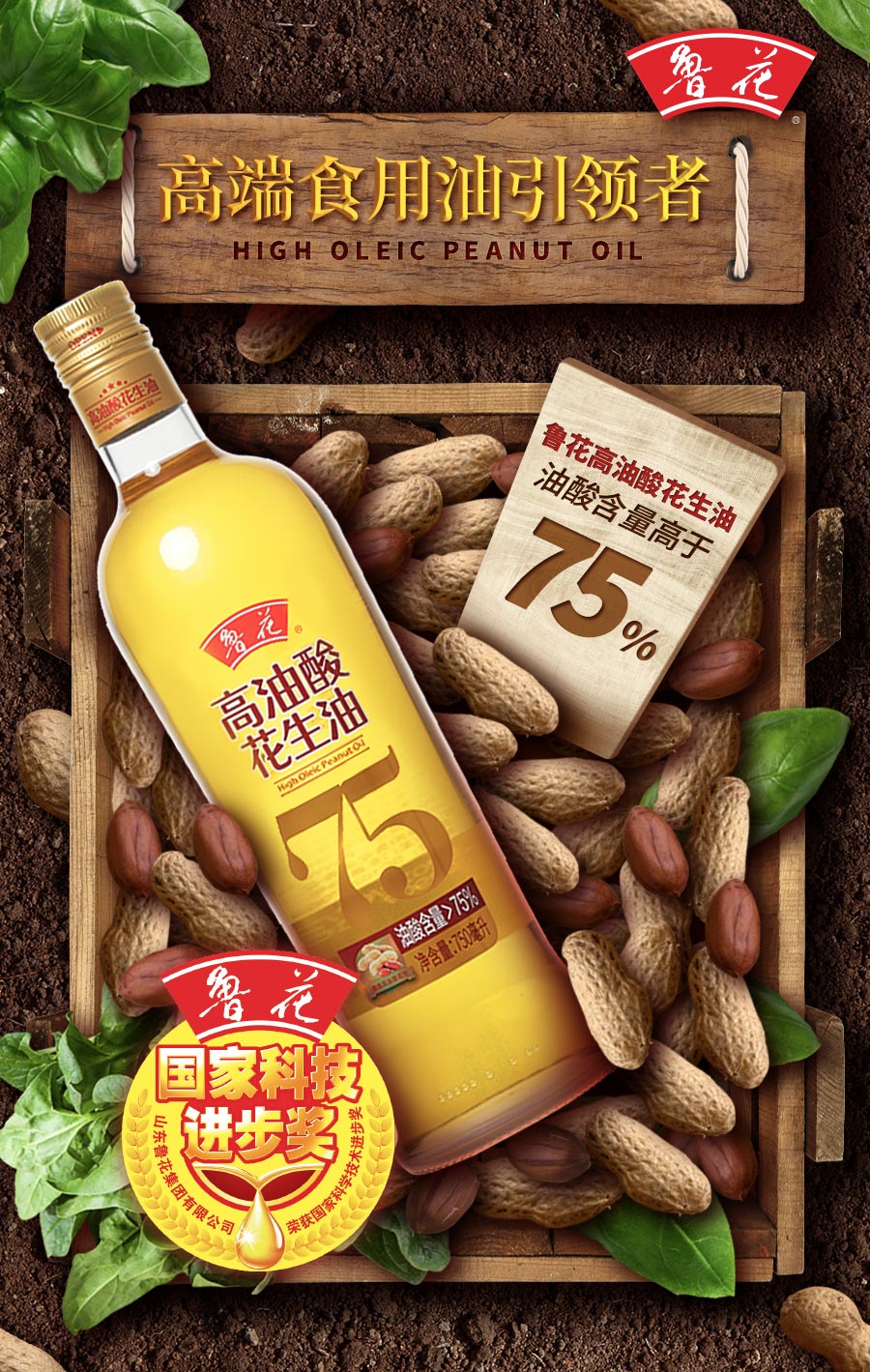 鲁花高油酸花生油750ml*2瓶 礼盒装