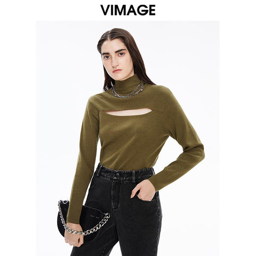 VIMAGE纬漫纪秋季新款简约温柔纯色高领百搭针织衫女打底衫V1601215 商品图4