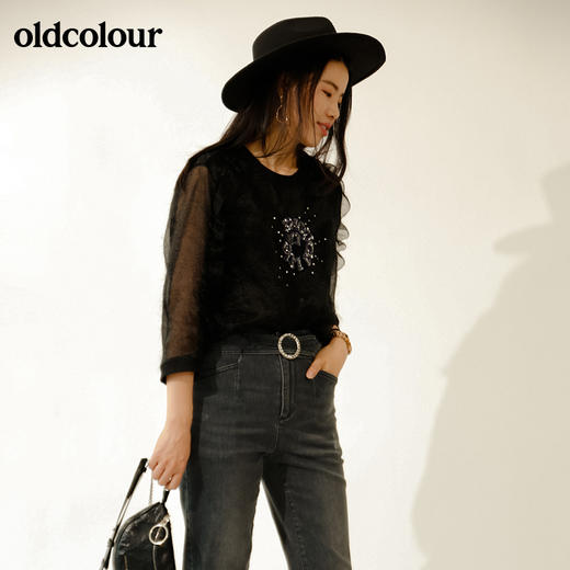 oldcolour欧珂秋网纱中袖套头衫黑色衬衫女M31012149 商品图1