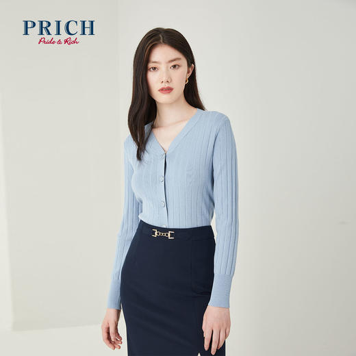 PRICH2021年新款外套气质修身ⅴ领休闲纯色针织开衫PRKCB7801N 商品图1
