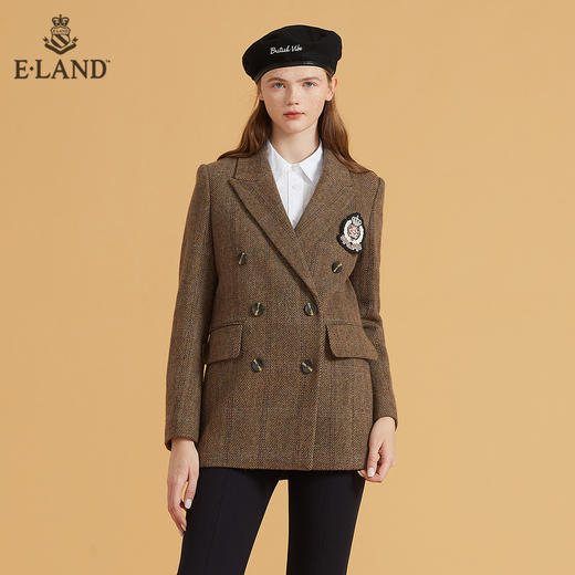 衣恋简约西装领双排扣学院徽章大衣外套EEJKB49H3M 商品图0