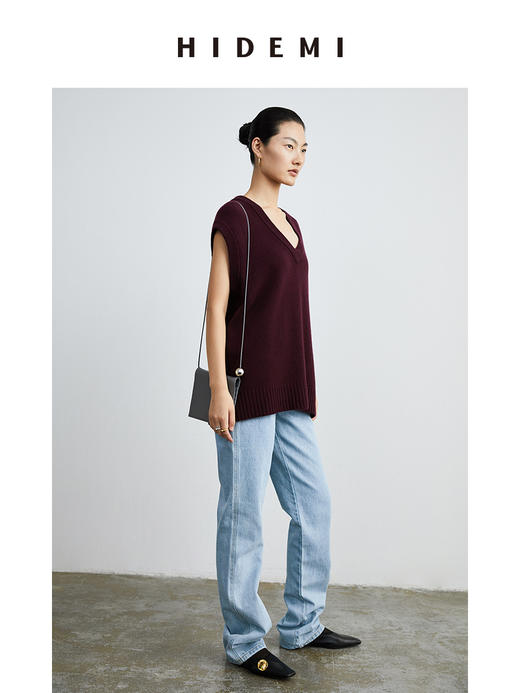 HIDEMI 美利奴羊毛酒红色v领马夹 商品图5