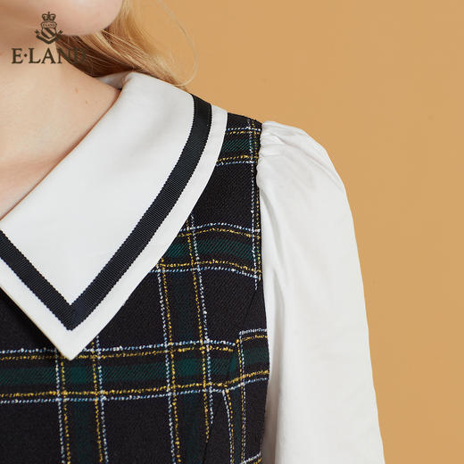 衣恋娃娃领格子小香风泡泡袖连衣裙EEOWB49H3M 商品图3