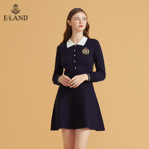 衣恋气质翻领针织学院徽章修身连衣裙EEOKB49H1M 商品图1