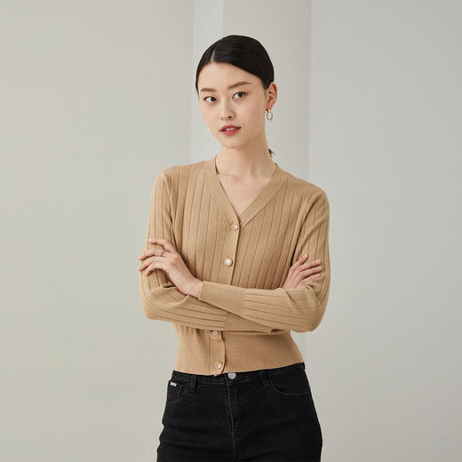 PRICH2021年新款外套气质修身ⅴ领休闲纯色针织开衫PRKCB7801N 商品图0