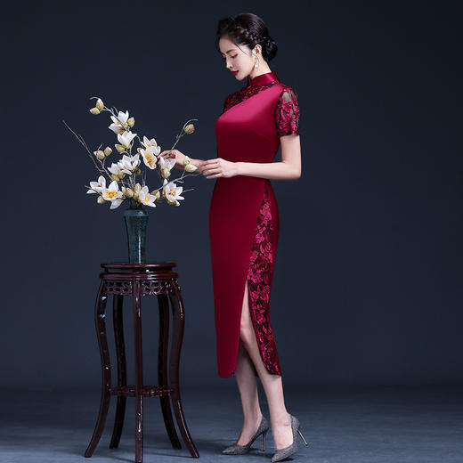 醋酸缎复古改良红色妈妈装婚宴中式礼服旗袍  LHS20020 商品图1