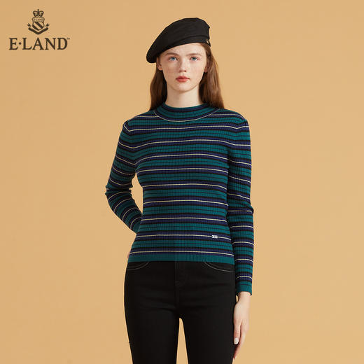 衣恋简约圆领撞色横条纹长袖毛衣EEKWB49C3M 商品图4