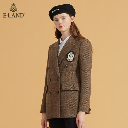 衣恋简约西装领双排扣学院徽章大衣外套EEJKB49H3M 商品图1