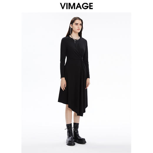 VIMAGE纬漫纪秋季新款纯色百搭显瘦收腰不规则下摆连衣裙女V1607230 商品图2