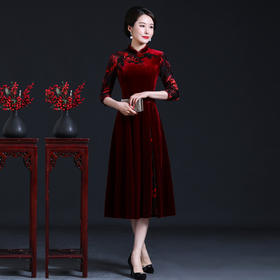 上海旗袍厂JC-JY216秋季新款 喜婆婆刺绣旗袍裙 连衣裙改良气质中长款妈妈裙子