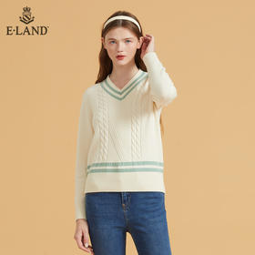 衣恋V领撞色甜美立体绞花针织毛衣EEKWB49C7C