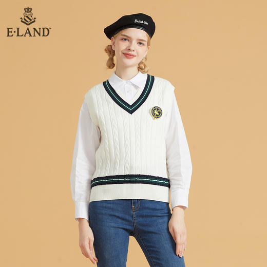 衣恋撞色V领立体绞花学院风针织马甲背心EEVKB49C1M 商品图2