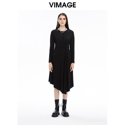 VIMAGE纬漫纪秋季新款纯色百搭显瘦收腰不规则下摆连衣裙女V1607230 商品图1