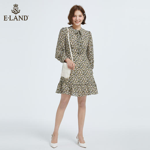 衣恋甜美雪纺碎花收腰长袖连衣裙EEOWB49C6M 商品图0